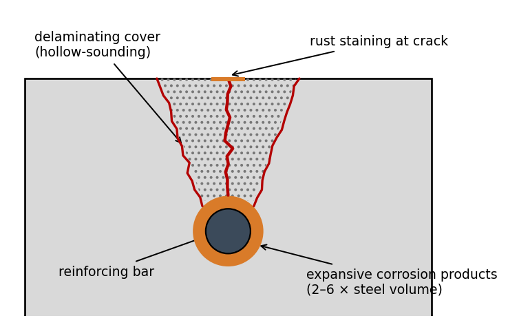 Corrosion-induced cracking, delamination, and spalling along a reinforcing bar, cross-section